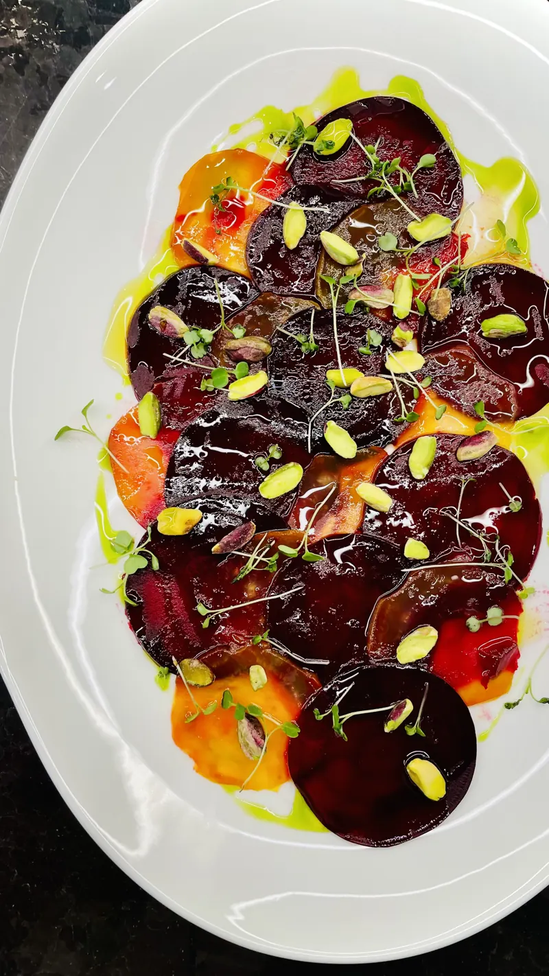 Beetroot carpaccio, pistachio, aged balsamic