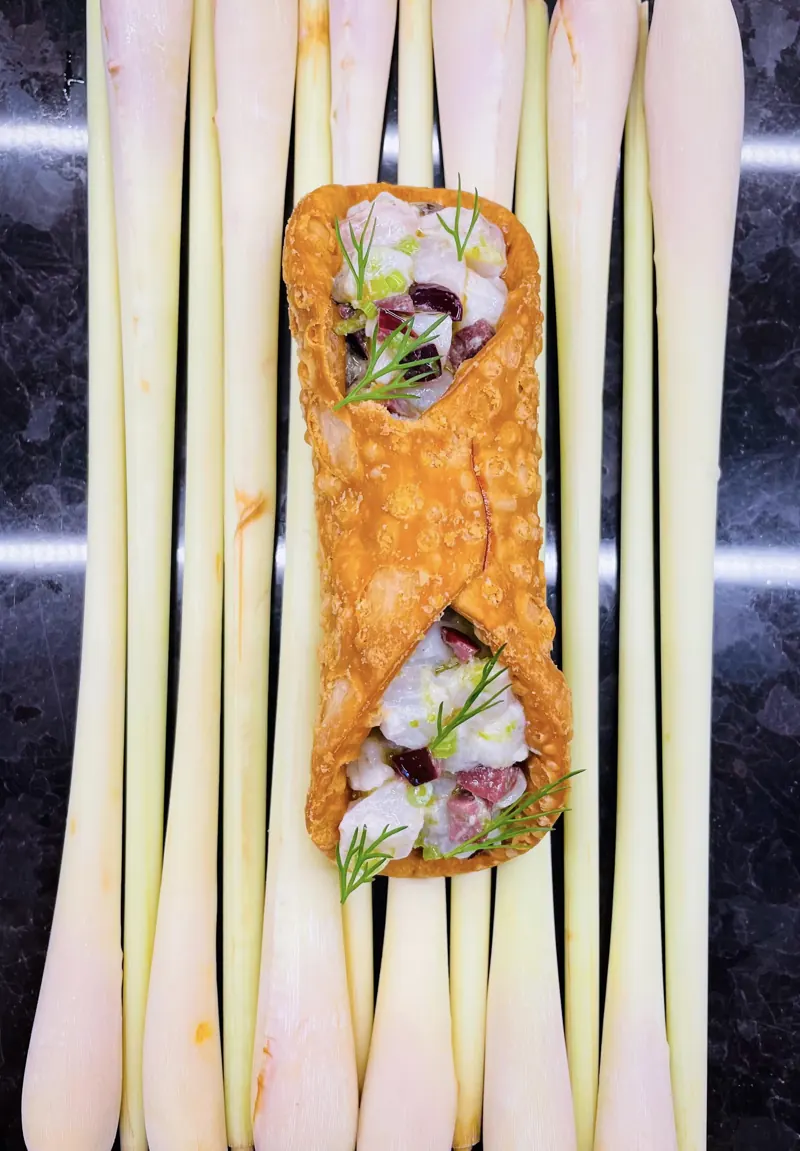 Cannoli, cod tartare, olives