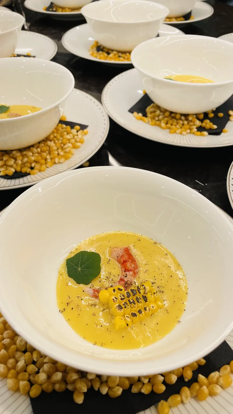 Corn soup, shrimp, truffle