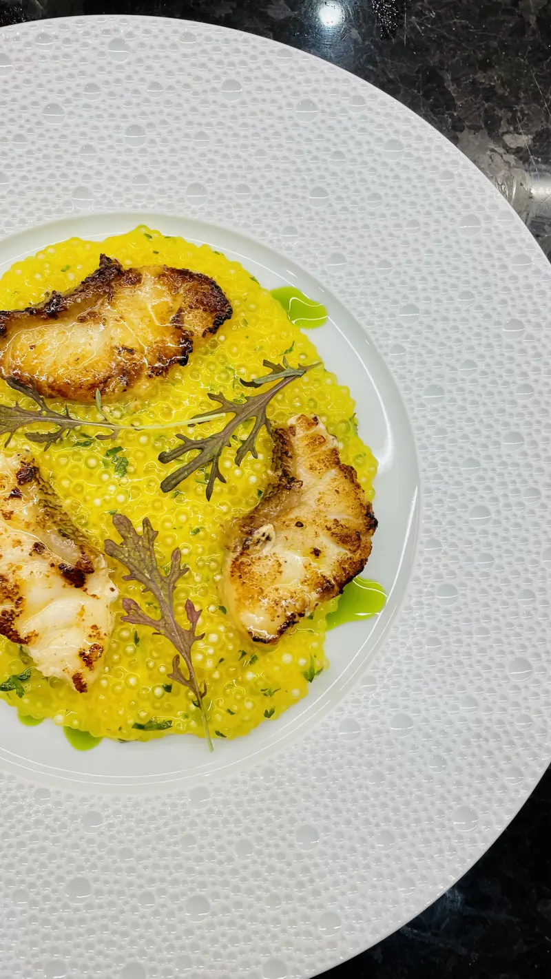 Dentex, tapioca, orange