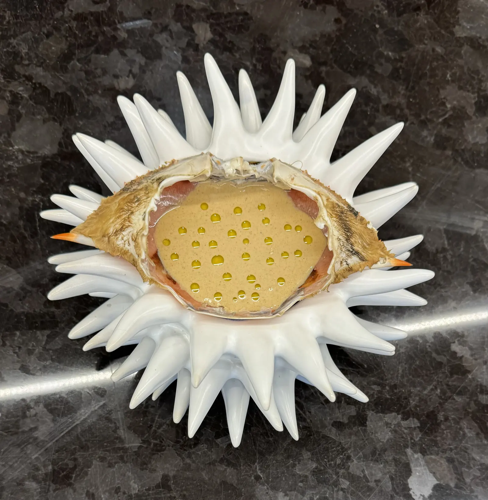 King crab tartare, shellfish bisque