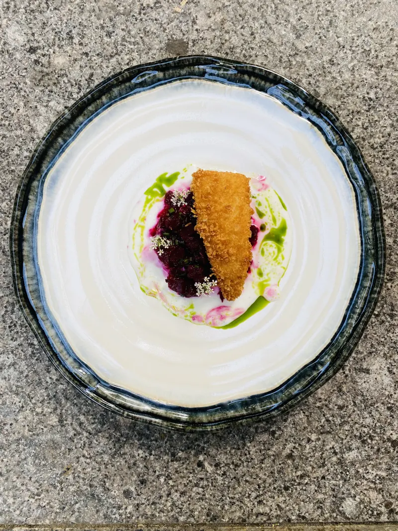 Panko-crusted cod, beetroot, kefir