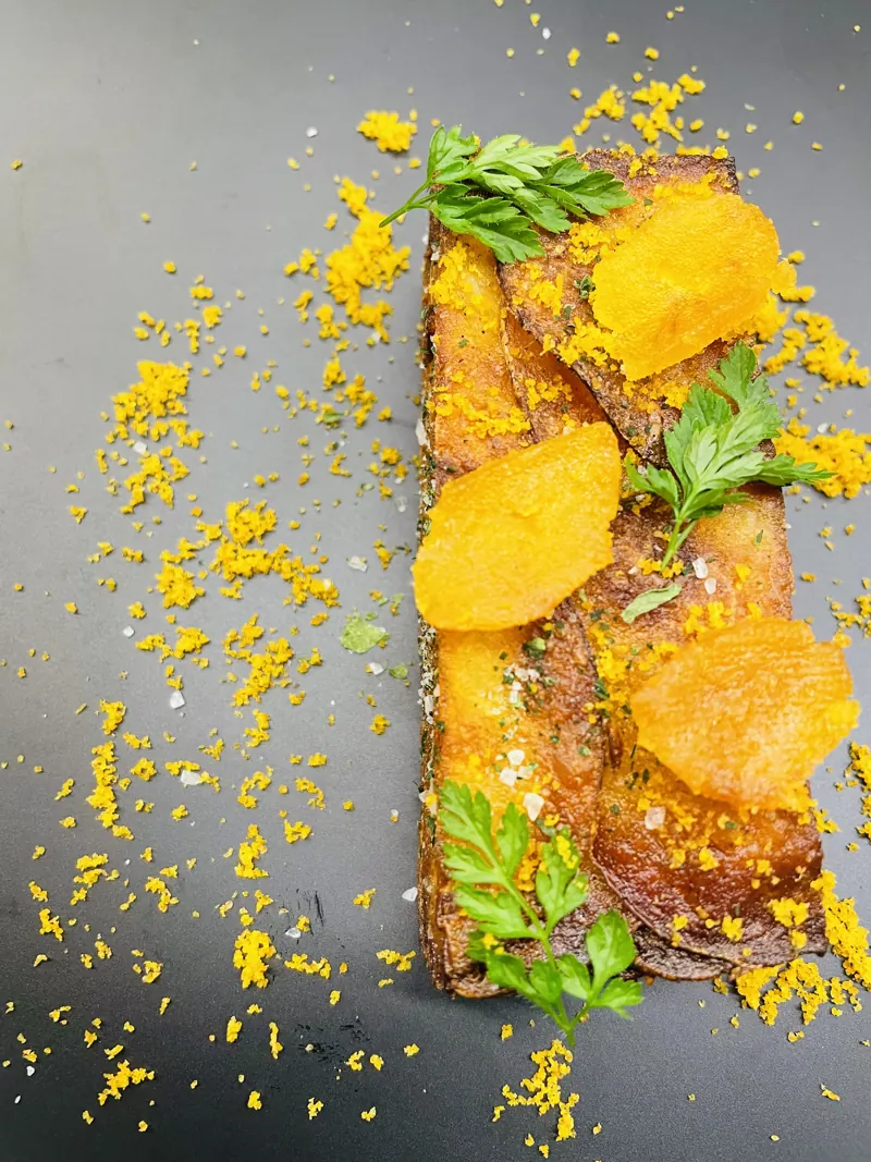 Potato gratin, bottarga
