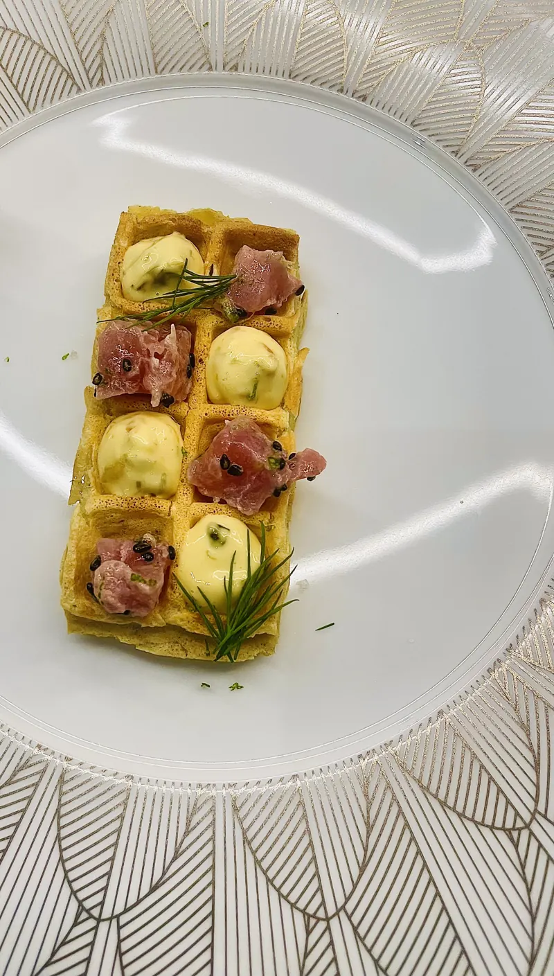 Potato waffle, salmon, egg mayonnaise