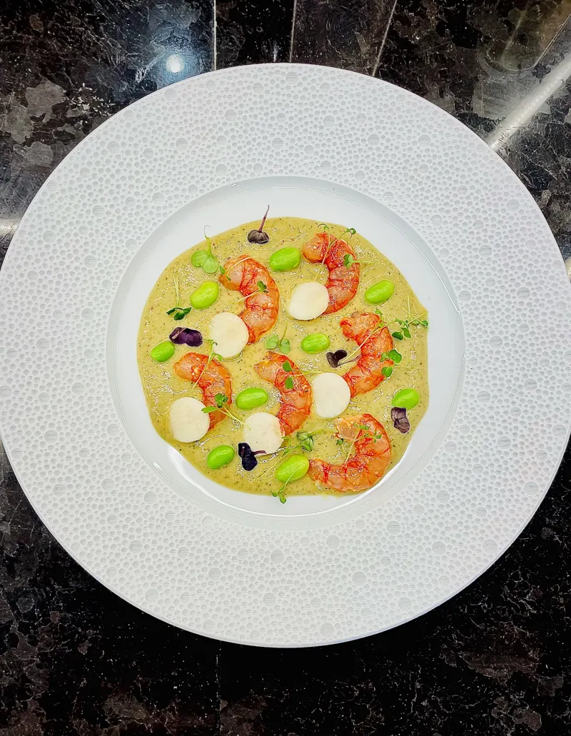 Raw shrimp, peach, edamame