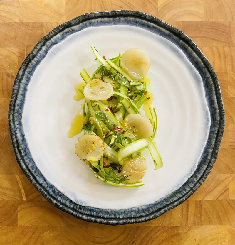 Scallop carpaccio, marinated asparagus