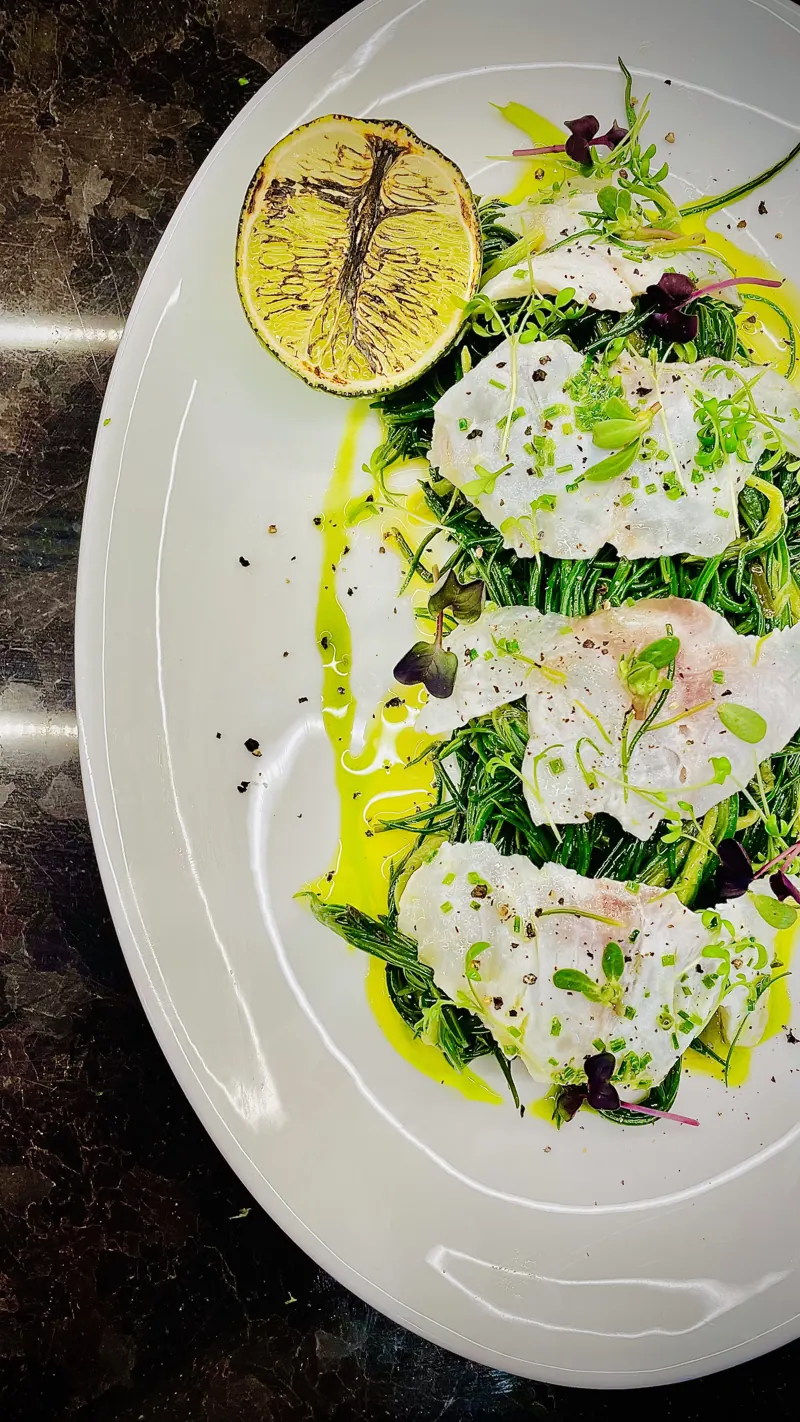 Sea bass carpaccio, wild greens